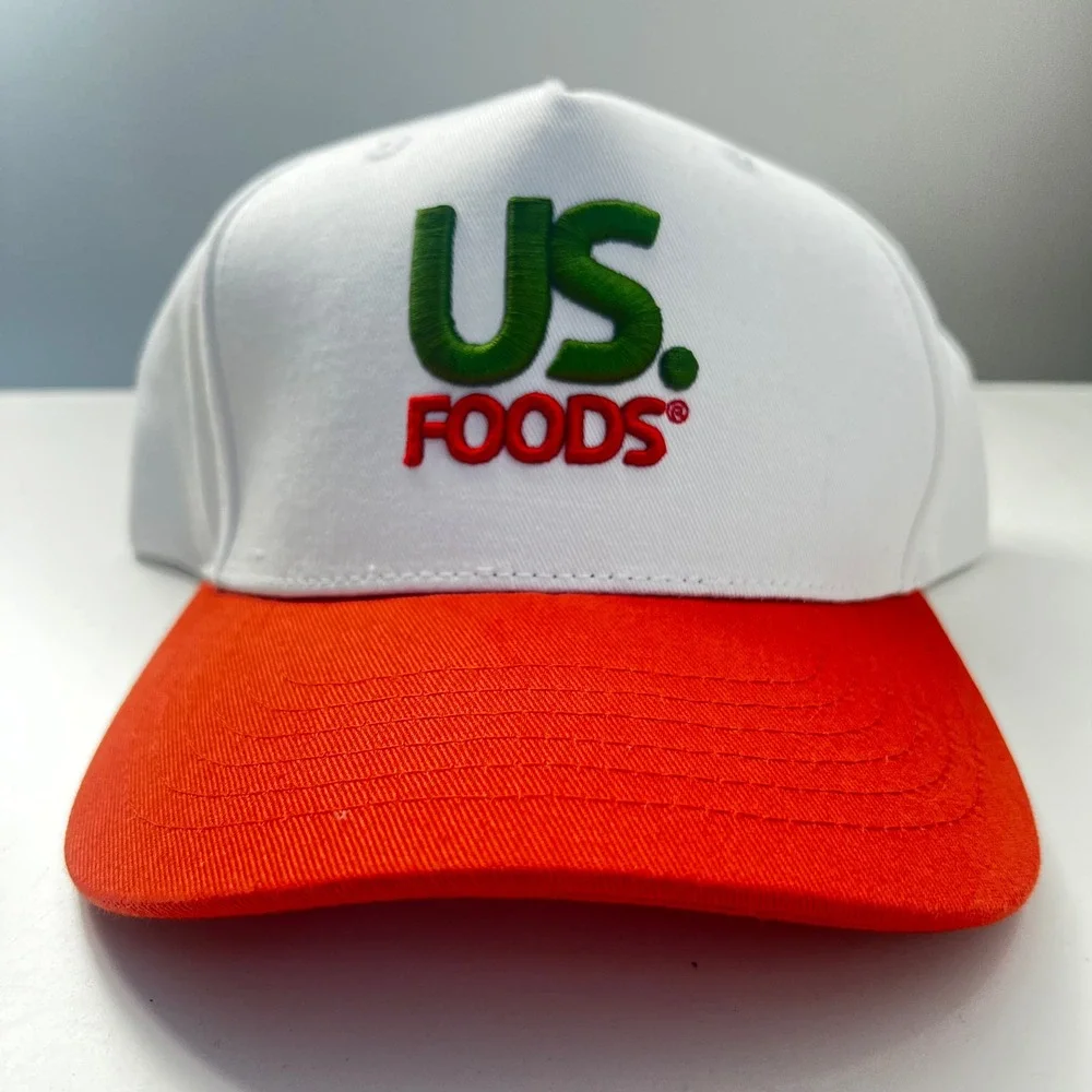 US Foods Embroidered Logo Baseball Cap Hat White Orange Adjustable Cotton